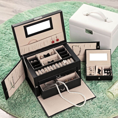 Rootz Jewelry Box Organizer - Earring Holder - Ring Storage - Drawer Compartments - Faux Leather - 26cm x 17cm x 18cm