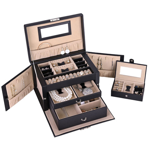 Rootz Jewelry Box Organizer - Earring Holder - Ring Storage - Drawer Compartments - Faux Leather - 26cm x 17cm x 18cm