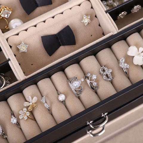 Rootz Jewelry Box Organizer - Earring Holder - Ring Storage - Drawer Compartments - Faux Leather - 26cm x 17cm x 18cm