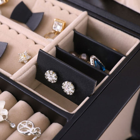 Rootz Jewelry Box - Jewelry Box With 2 Drawers - Multi-compartment Jewelry Chest - Jewelry Storage Box -  Jewelry Dresser - Jewelry Cabinet - MDF + Faux Leather - Black + Beige - 26 x 17 x 18 cm (W x H x D)