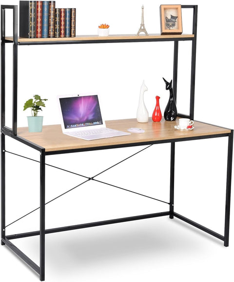 Rootz Computer Desk with Shelf - Home Office Desk - Study Table - Wood and Steel Frame - Spacious Storage - Simple and Modern Style - 120cm x 60cm