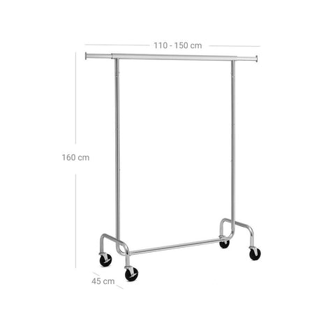 Rootz Clothes Rack - Heavy Duty Metal - Robust - Smooth Gliding - Practical - Space-saving - Storage Space - PP roll - Silver - 117 x 58.5 x 18 cm