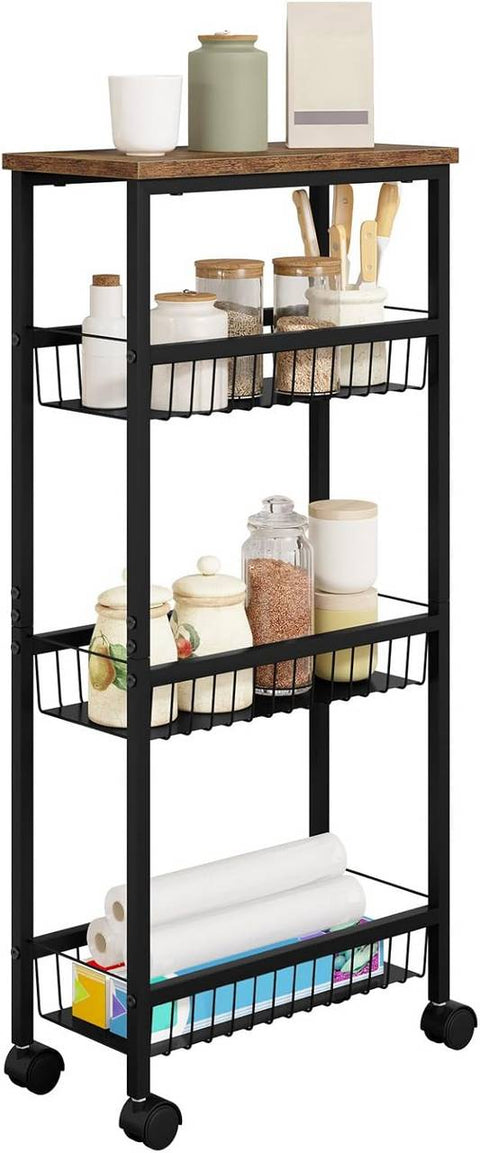 Rootz Kitchen Trolley Cart - Rolling Storage Cart - Shelf Trolley - 4 Tier - Metal Frame - E1 Grade MDF Board - 40cm x 87cm x 20cm