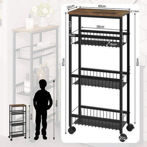 Rootz Kitchen Trolley Cart - Rolling Storage Cart - Shelf Trolley - 4 Tier - Metal Frame - E1 Grade MDF Board - 40cm x 87cm x 20cm