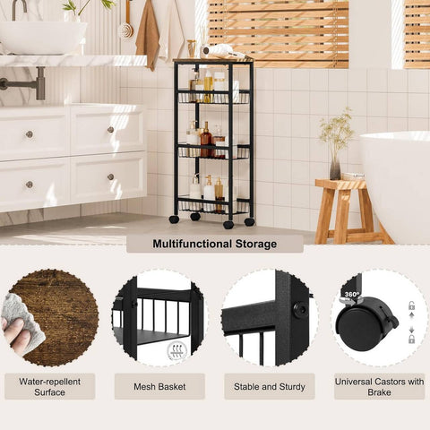 Rootz Kitchen Trolley Cart - Rolling Storage Cart - Shelf Trolley - 4 Tier - Metal Frame - E1 Grade MDF Board - 40cm x 87cm x 20cm