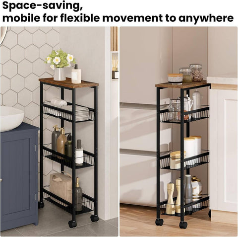 Rootz Kitchen Trolley Cart - Rolling Storage Cart - Shelf Trolley - 4 Tier - Metal Frame - E1 Grade MDF Board - 40cm x 87cm x 20cm