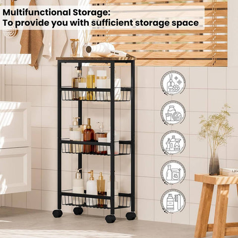 Rootz Kitchen Trolley Cart - Rolling Storage Cart - Shelf Trolley - 4 Tier - Metal Frame - E1 Grade MDF Board - 40cm x 87cm x 20cm