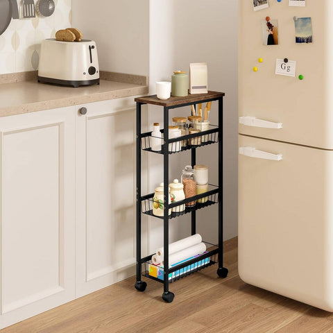 Rootz Kitchen Trolley Cart - Rolling Storage Cart - Shelf Trolley - 4 Tier - Metal Frame - E1 Grade MDF Board - 40cm x 87cm x 20cm