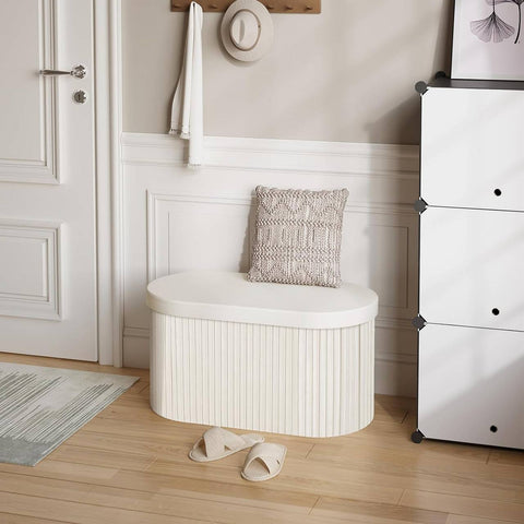 Rootz Velvet Storage Bench - Ottoman Bench - Large Footstool - Skin-Friendly - 76L Capacity - Cream - 76cm x 38cm x 38cm