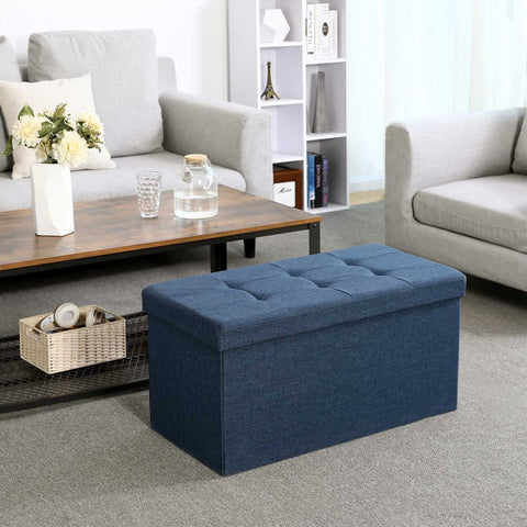 Rootz Bench With Storage Space - Seat Chest - Storage Bench - Ottoman With Storage - Hallway Storage Furniture - Entryway - Bedroom - Imitation Linen - MDF - Navy Blue - 76 x 38 x 38 cm (W x D x H)