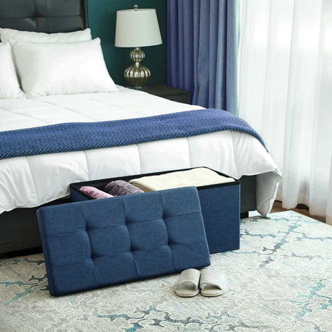 Rootz Bench With Storage Space - Seat Chest - Storage Bench - Ottoman With Storage - Hallway Storage Furniture - Entryway - Bedroom - Imitation Linen - MDF - Navy Blue - 76 x 38 x 38 cm (W x D x H)