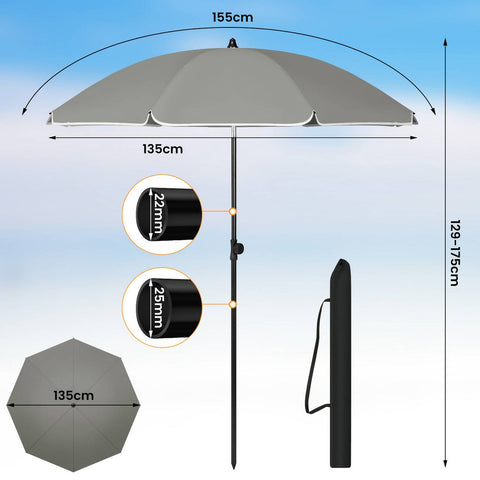 Rootz Patio Umbrella - Garden Parasol - Outdoor Beach Umbrella - Sun Shelter - 180g/m2 Polyester - 155-203cm Diameter - Dark Gray - Beige