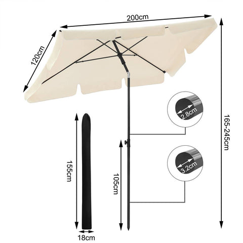 Rootz Rectangular Parasol - Garden Umbrella - Patio Umbrella - UV-Resistant - Adjustable Height & Angle - 200cm x 120cm - Dark Gray