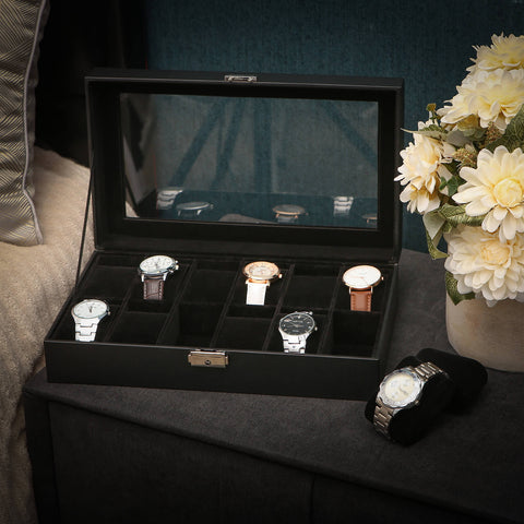 Rootz Watch Box - Watch Organizer - Jewelry Storage - Lockable - Velvet Lining - MDF Construction - 30cm x 21cm x 8.5cm