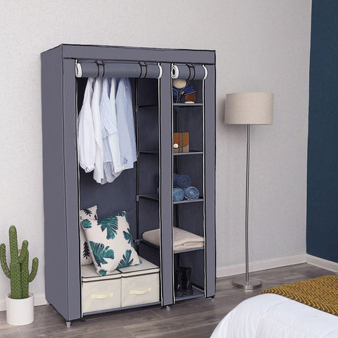 Rootz Wardrobe - Fabric Wardrobe - Foldable Wardrobe - With Clothes Rails - Fabric Wardrobe Storage - Textile Storage - Fleece Fabric - Gray - 110 x 175 x 45 cm (W x H x D)