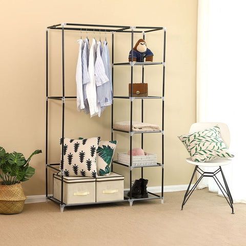 Rootz Wardrobe - Fabric Wardrobe - Foldable Wardrobe - With Clothes Rails - Fabric Wardrobe Storage - Textile Storage - Fleece Fabric - Gray - 110 x 175 x 45 cm (W x H x D)