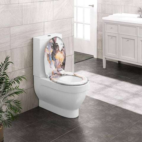 Rootz O-Shaped Thermoset Toilet Seat - Soft Close - Quick Release - Stainless Steel Hinges - 37cm x 47.5cm - Anthracite Wood Pattern