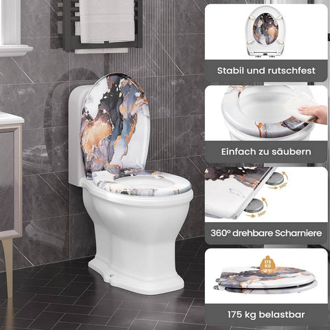 Rootz O-Shaped Thermoset Toilet Seat - Soft Close - Quick Release - Stainless Steel Hinges - 37cm x 47.5cm - Anthracite Wood Pattern