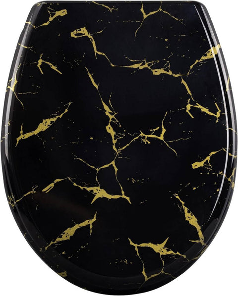 Rootz Soft Close Toilet Seat - Oval O-Shaped Toilet Lid - Duroplast - Gold Glitter - 37.1cm x 45.5cm - Quiet Closing - 175kg Capacity