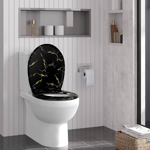Rootz Soft Close Toilet Seat - Oval O-Shaped Toilet Lid - Duroplast - Gold Glitter - 37.1cm x 45.5cm - Quiet Closing - 175kg Capacity