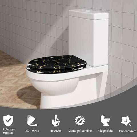 Rootz Soft Close Toilet Seat - Oval O-Shaped Toilet Lid - Duroplast - Gold Glitter - 37.1cm x 45.5cm - Quiet Closing - 175kg Capacity