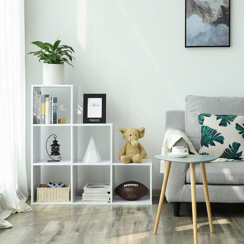 Rootz Stair Shelf - Freestanding Stair Shelf With 6 Compartments - Refined Shelf - Floating Staircase Shelf - Modern Stair Storage - Wall-mounted - Chipboard - Melamine Veneer - White - 97.5 x 97.5 x 29 cm (W x H x D)