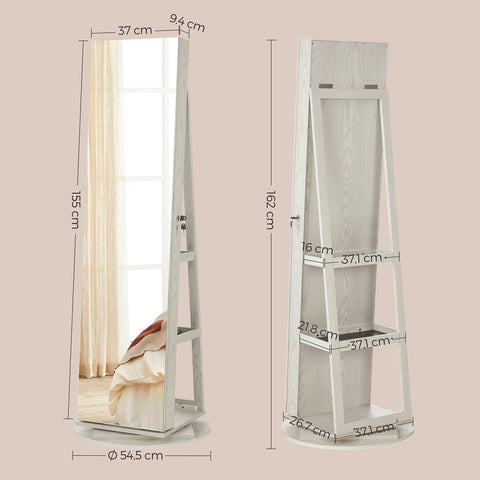 Rootz 360° Rotating Jewelry Cabinet - Mirror Cabinet - Storage Organizer - Easy Assembly - Secure Lock - White with Wood Grain - MDF Steel Velvet Glass - 54.5cm x 54.5cm x 162cm