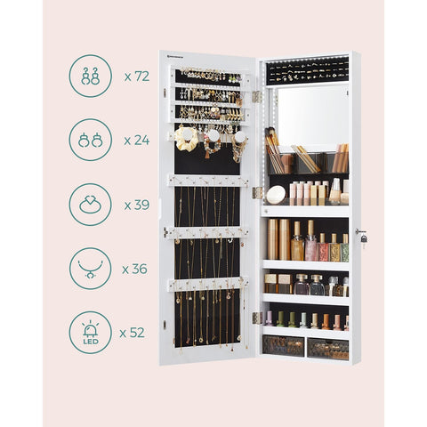 Rootz White Jewelry Cabinet - Standing Mirror - Velvet Lined - MDF Construction - 37.5cm x 9.7cm x 108cm - Large Storage Capacity