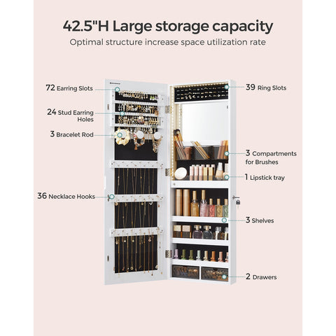 Rootz White Jewelry Cabinet - Standing Mirror - Velvet Lined - MDF Construction - 37.5cm x 9.7cm x 108cm - Large Storage Capacity