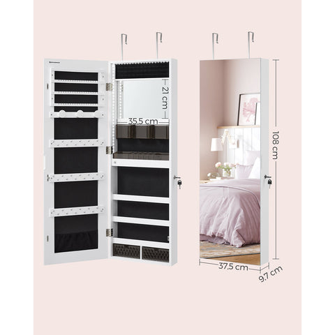 Rootz White Jewelry Cabinet - Standing Mirror - Velvet Lined - MDF Construction - 37.5cm x 9.7cm x 108cm - Large Storage Capacity