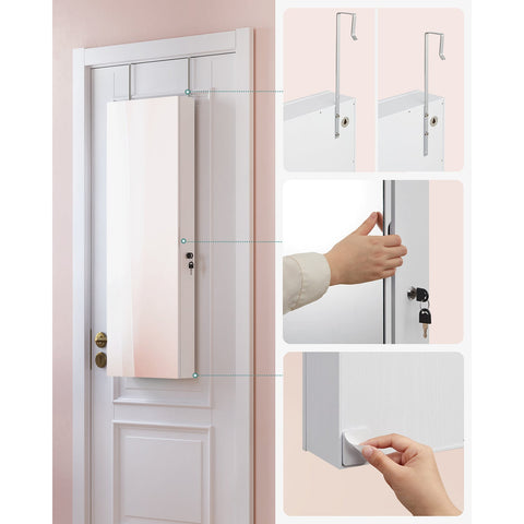 Rootz White Jewelry Cabinet - Standing Mirror - Velvet Lined - MDF Construction - 37.5cm x 9.7cm x 108cm - Large Storage Capacity