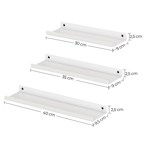 Rootz 3 Piece Set Wall Shelf - Floating Shelf - White Shelves - Powder-coated Steel - Lightweight - Easy to Install - Space-saving Design - 30cm x 9cm x 2.5cm / 35cm x 9cm x 2.5cm / 40cm x 9.5cm x 2.5cm