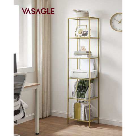 Rootz 6 Shelf Gold Glass Shelf - Display Stand - Shelving Unit - Steel Frame - Tempered Glass - 30cm x 40cm x 177.3cm - Spacious Storage - Sturdy Construction - Easy Assembly