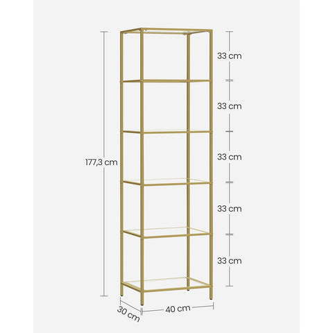 Rootz 6 Shelf Gold Glass Shelf - Display Stand - Shelving Unit - Steel Frame - Tempered Glass - 30cm x 40cm x 177.3cm - Spacious Storage - Sturdy Construction - Easy Assembly