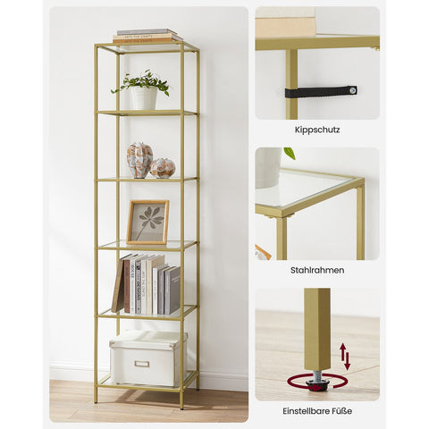 Rootz 6 Shelf Gold Glass Shelf - Display Stand - Shelving Unit - Steel Frame - Tempered Glass - 30cm x 40cm x 177.3cm - Spacious Storage - Sturdy Construction - Easy Assembly