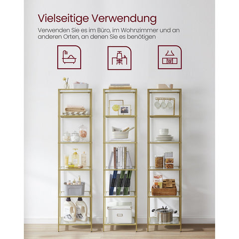 Rootz 6 Shelf Gold Glass Shelf - Display Stand - Shelving Unit - Steel Frame - Tempered Glass - 30cm x 40cm x 177.3cm - Spacious Storage - Sturdy Construction - Easy Assembly