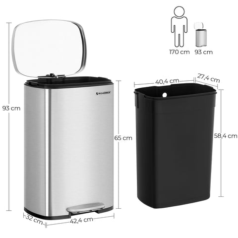 Rootz 50L Pedal Bin - Trash Can - Garbage Bin - Steel Construction - Slow Close Lid - Removable Inner Bucket - 42.4cm x 32cm x 65cm
