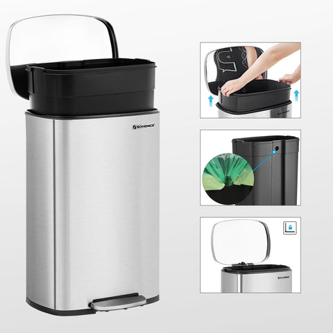 Rootz 50L Pedal Bin - Trash Can - Garbage Bin - Steel Construction - Slow Close Lid - Removable Inner Bucket - 42.4cm x 32cm x 65cm