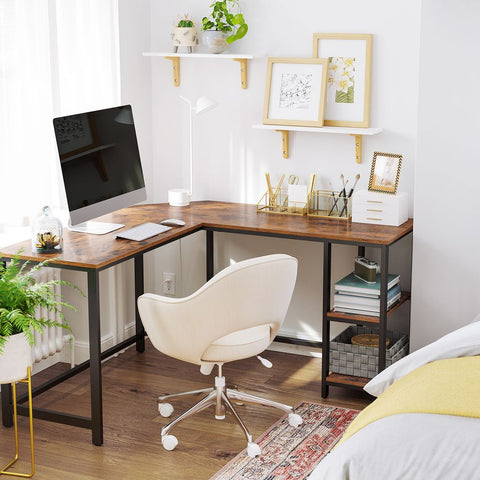 Rootz Corner Desk - L-shaped Desk With 2 Shelves - Industrial Look - Computer Desk - Office Desk - Corner Study Desk - Corner Gaming Desk - Chipboard - Steel - Vintage Brown-black - 138 x 138 x 75 cm (D x W x H)