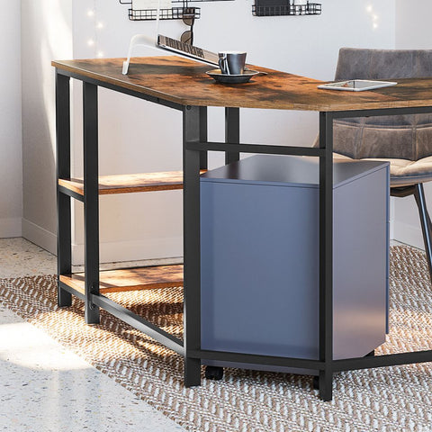 Rootz Corner Desk - L-shaped Desk With 2 Shelves - Industrial Look - Computer Desk - Office Desk - Corner Study Desk - Corner Gaming Desk - Chipboard - Steel - Vintage Brown-black - 138 x 138 x 75 cm (D x W x H)