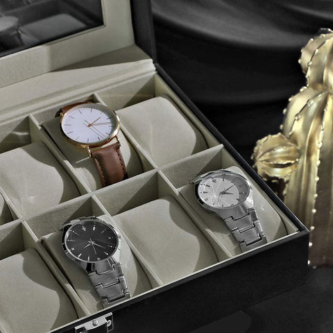 Rootz Watch Box - Watch Box With 12 Compartments - Glass-top Watch Organizer - Display Case For Watches - MDF - Velvet - PU - Glass - Black Cover + Beige Velvet Lining - 30.1 x 20.2 x 7.8 cm (L x W x H)