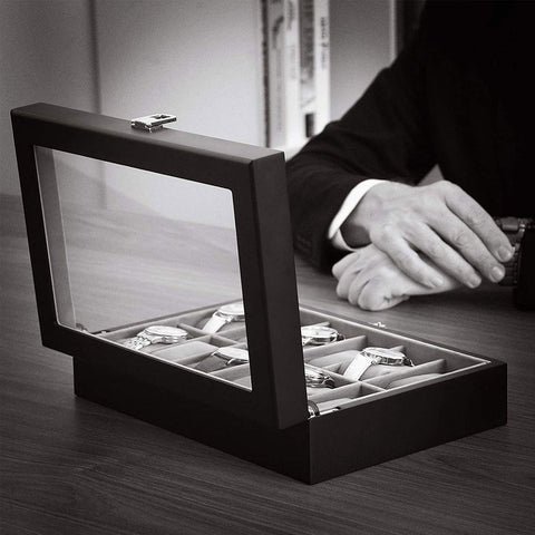 Rootz Watch Box - With Glass Lid And Lock - Glass-top Watch Organizer - Display Case For Watches - MDF - Velvet - PU - Glass - Black - 32 x 18.6 x 8.5 cm (L x W x H)