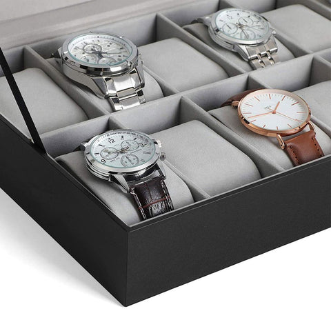 Rootz Watch Box - With Glass Lid And Lock - Glass-top Watch Organizer - Display Case For Watches - MDF - Velvet - PU - Glass - Black - 32 x 18.6 x 8.5 cm (L x W x H)
