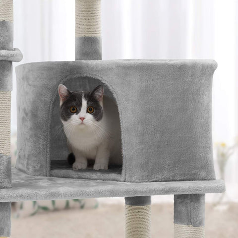 Rootz Scratching Post - High Tower - Cat-friendly Soft - Scratching Board - 2 Caves - Space-saving Cat - Carb Certified Chipboard Plush-sisal - Light Gray - 55 x 40 x 138 cm
