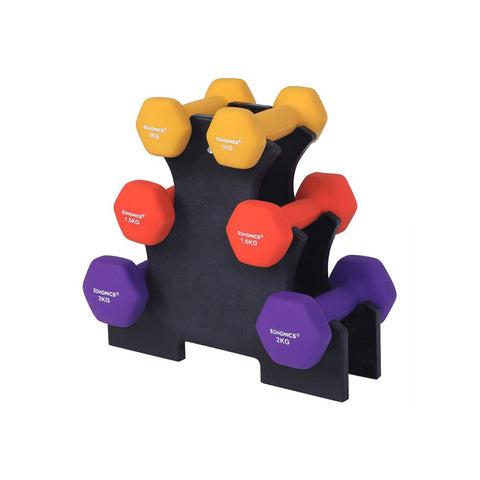 Rootz Dumbbell Set - Adjustable Dumbbells - Rubber-coated Dumbbells - Home Gym Dumbbells - Fitness Dumbbells - Hexagonal Shape - Free Dumbbell Stand - Cast Iron With Vinyl - Yellow + Orange + Purple