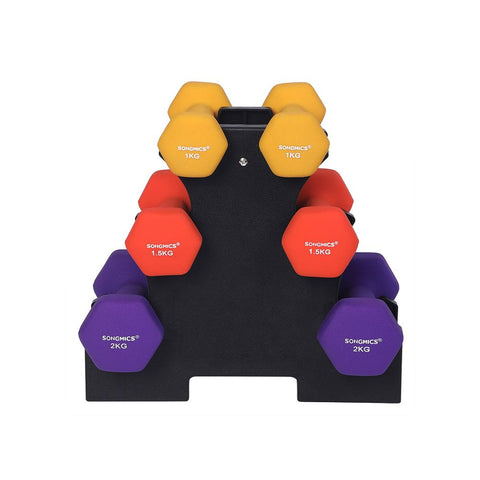 Rootz Dumbbell Set - Adjustable Dumbbells - Rubber-coated Dumbbells - Home Gym Dumbbells - Fitness Dumbbells - Hexagonal Shape - Free Dumbbell Stand - Cast Iron With Vinyl - Yellow + Orange + Purple