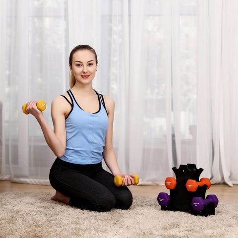 Rootz Dumbbell Set - Adjustable Dumbbells - Rubber-coated Dumbbells - Home Gym Dumbbells - Fitness Dumbbells - Hexagonal Shape - Free Dumbbell Stand - Cast Iron With Vinyl - Yellow + Orange + Purple