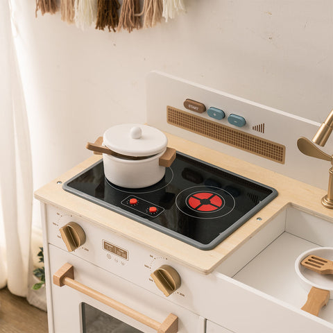 Rootz Montessori Wooden Play Kitchen (White) - Kids Play Kitchen - Pretend Play Set - Eco-Friendly - Realistic Features - Open-Ended Play - 76 cm x 38 cm x 89 cm - High-Quality Natural Wood