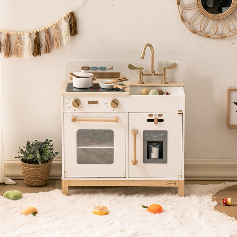 Rootz Montessori Wooden Play Kitchen (White) - Kids Play Kitchen - Pretend Play Set - Eco-Friendly - Realistic Features - Open-Ended Play - 76 cm x 38 cm x 89 cm - High-Quality Natural Wood