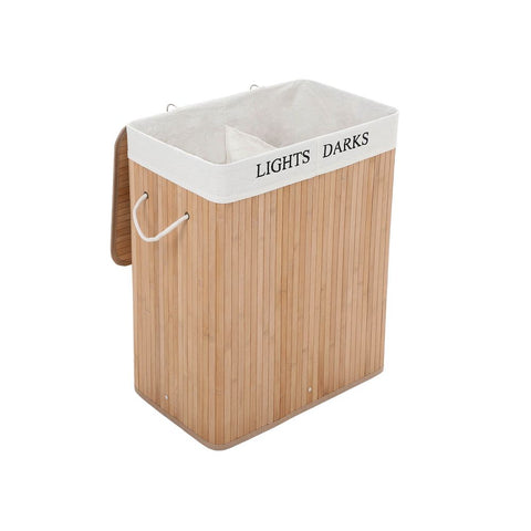 Rootz Laundry Basket - Bamboo With 2 Compartments - Laundry Bin - Laundry Organizer - Washing Basket - Portable Laundry Container - Natural - 52 x 63 x 32 cm (W x H x D)